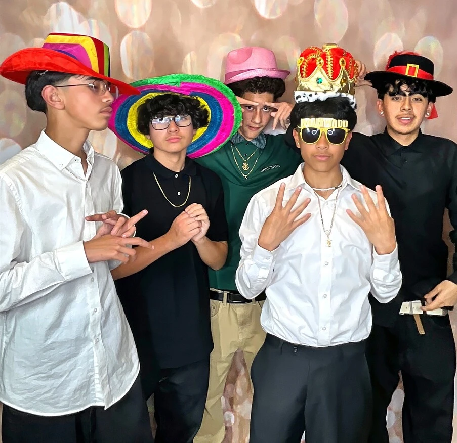 Party guests pose at a Los Angeles celebration.
